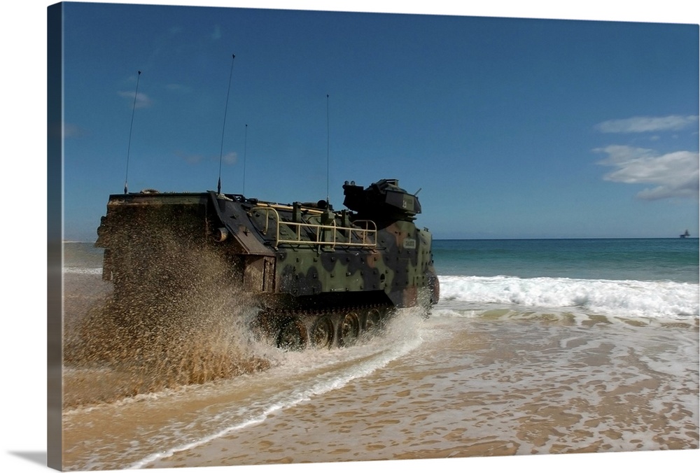 US Marines drive an amphibious assault vehicle ashore