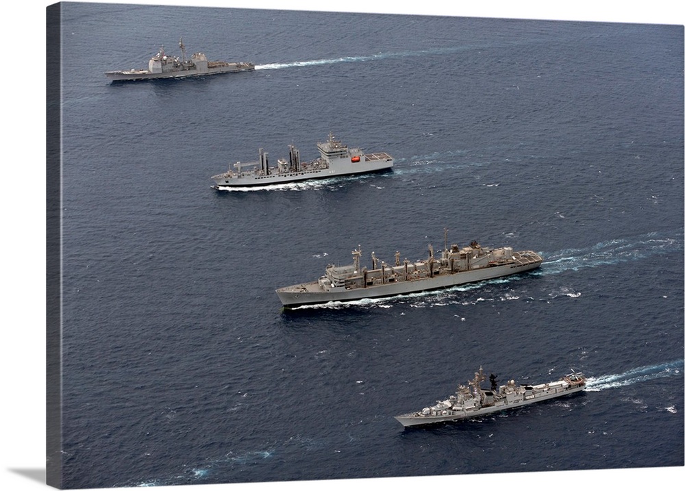 USS Bunker Hill, INS Shakti, USNS Bridge and INS Ranvir transit in formation.