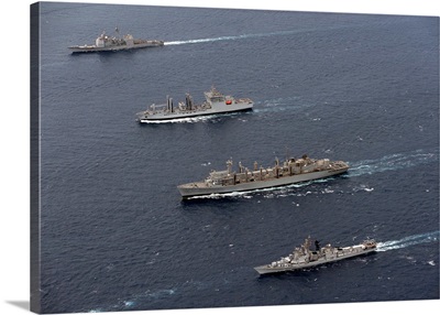 USS Bunker Hill, INS Shakti, USNS Bridge and INS Ranvir transit in formation