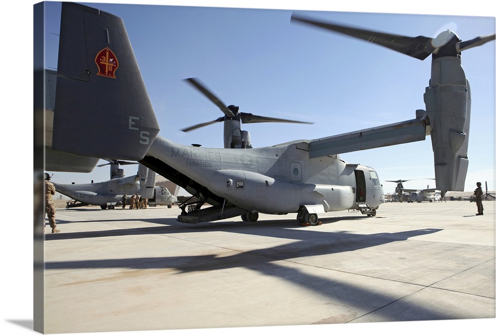 January 15, 2011 - V-22 Osprey tiltrotor aircraft arrive at Camp Bastion, Afghanistan as an augment from the 26th Marine E...