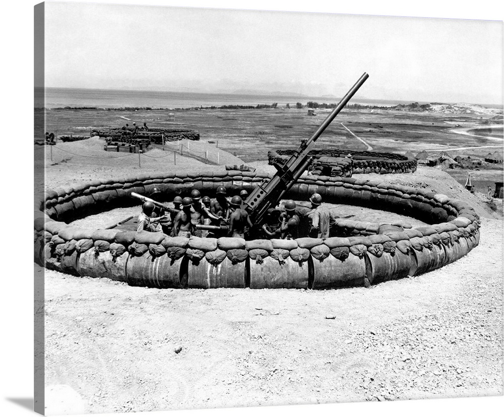 View of a 90mm AAA gun emplacement, Okinawa, Japan, 1945.