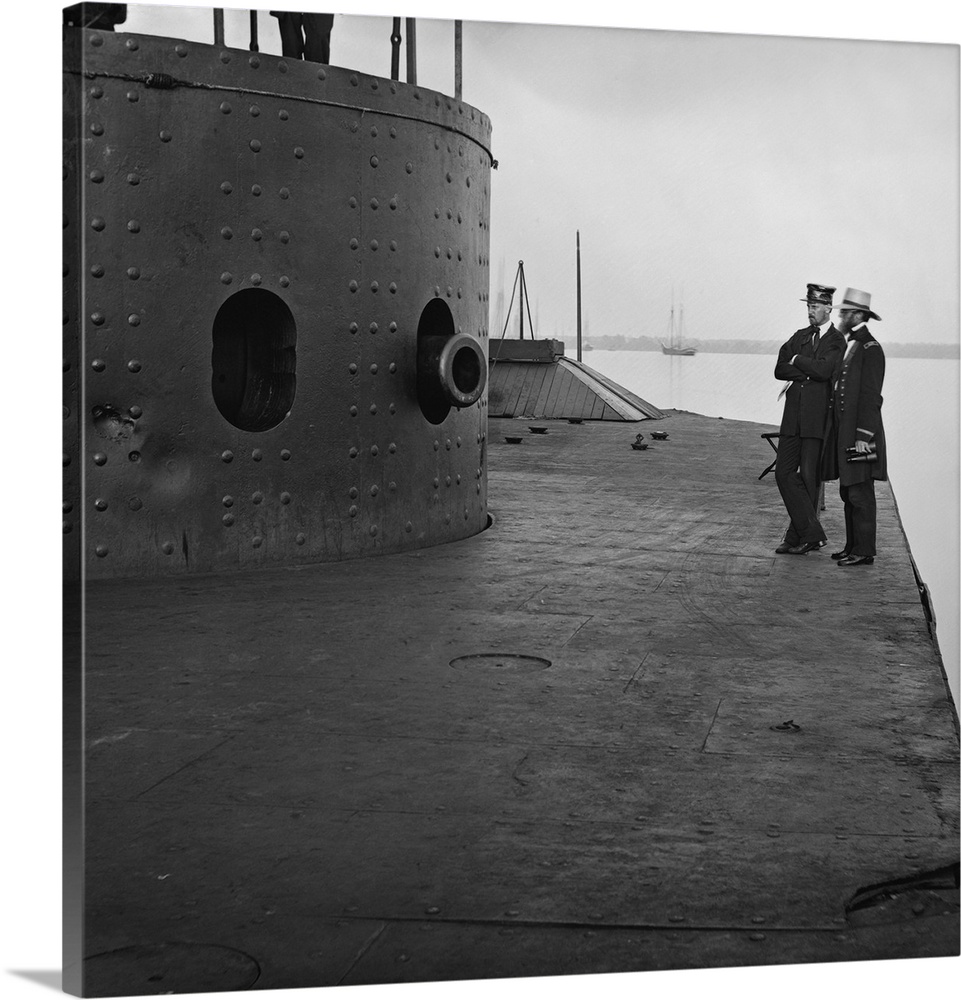 View of the deck and turret of the USS Monitor during a trip along the James River in 1862.