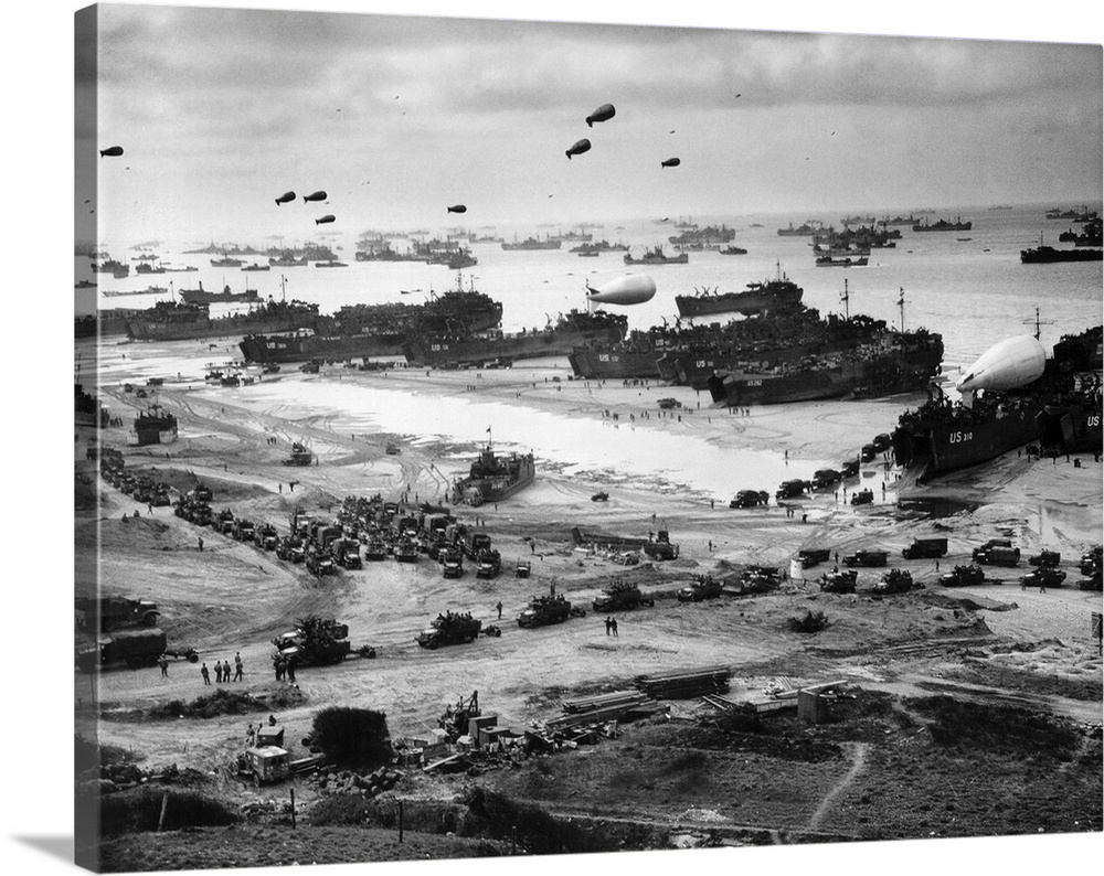 Aerial view of the various naval vessels around the beaches of Normandy in northernmost France.