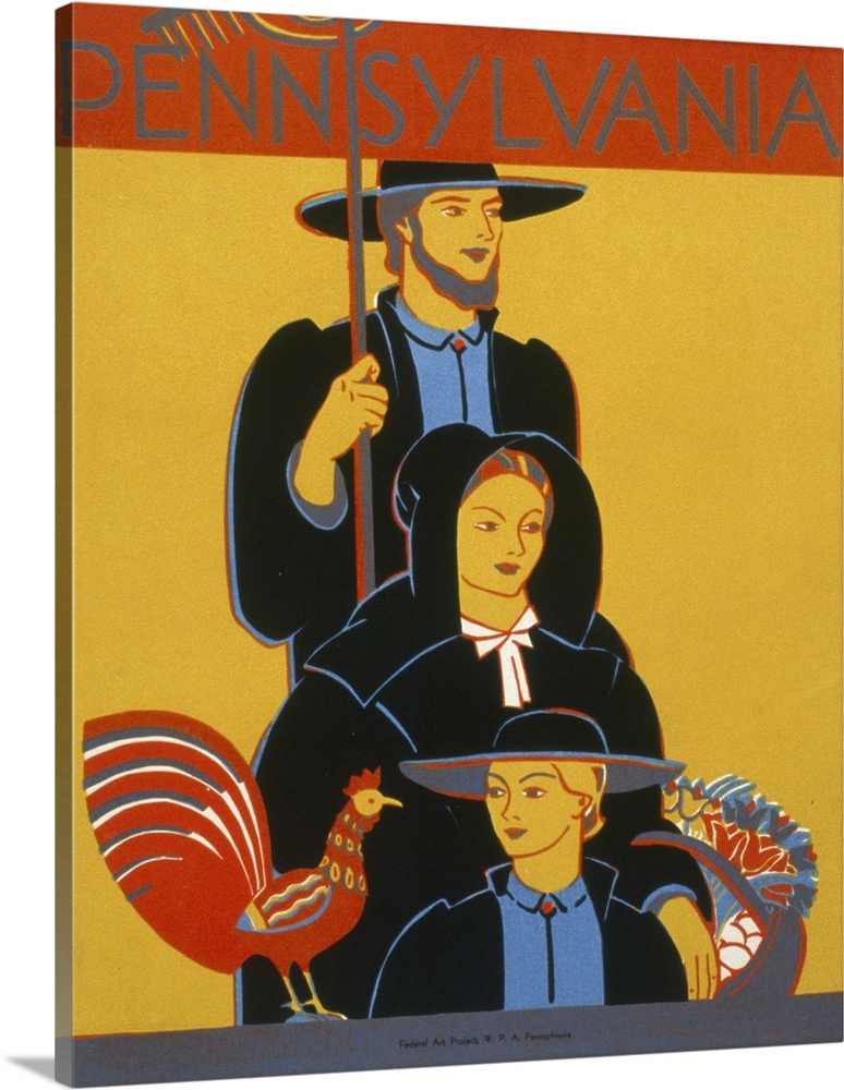 Vintage 1936 Travel Poster Promoting Lancaster County, Pennsylvania, Of An Amish Family