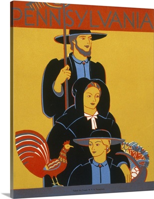Vintage 1936 Travel Poster Promoting Lancaster County, Pennsylvania, Of An Amish Family