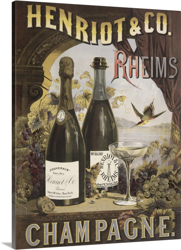 Vintage advertisement for Henriot & Co Rheims champagne with a coupe glass and champagne bottles on a windowsill