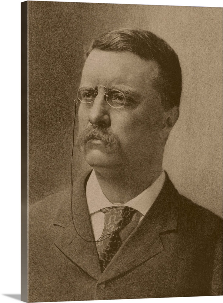 Vintage American history print of a younger President Theodore Roosevelt.