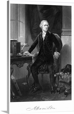 Vintage American History print of Alexander Hamilton sitting at his desk