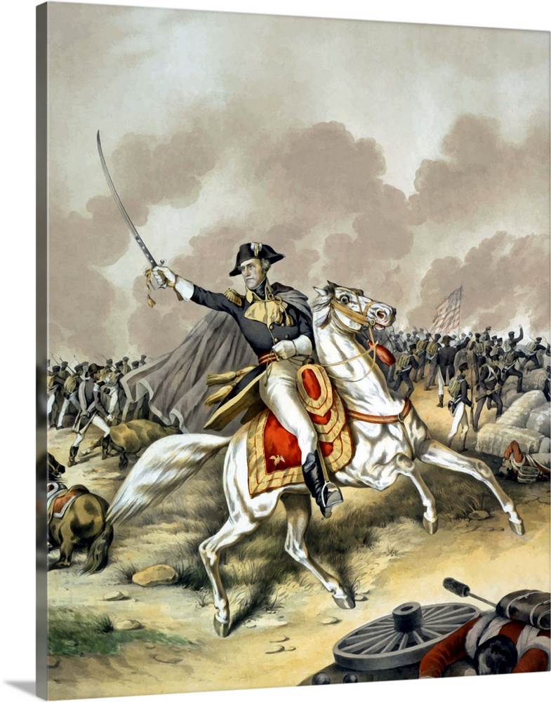 Vintage American history print of General Andrew Jackson, on horseback, leading troops during the Battle of New Orleans.