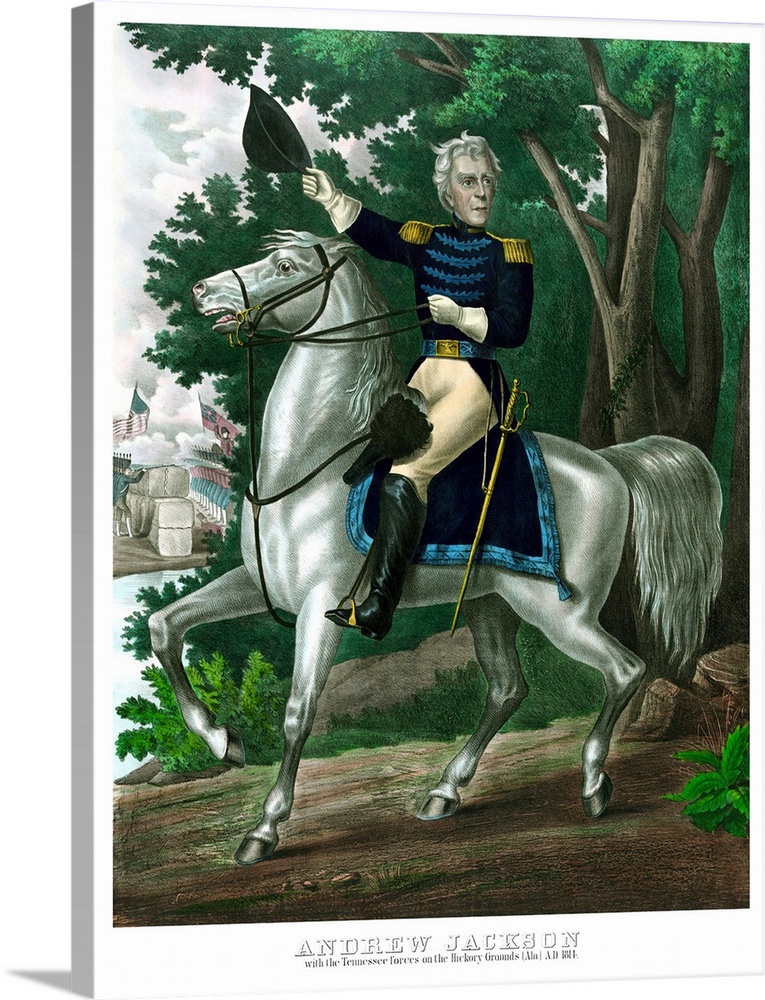 Vintage American history print of General Andrew Jackson on horseback, leading troops during battle. It reads, Andrew Jack...