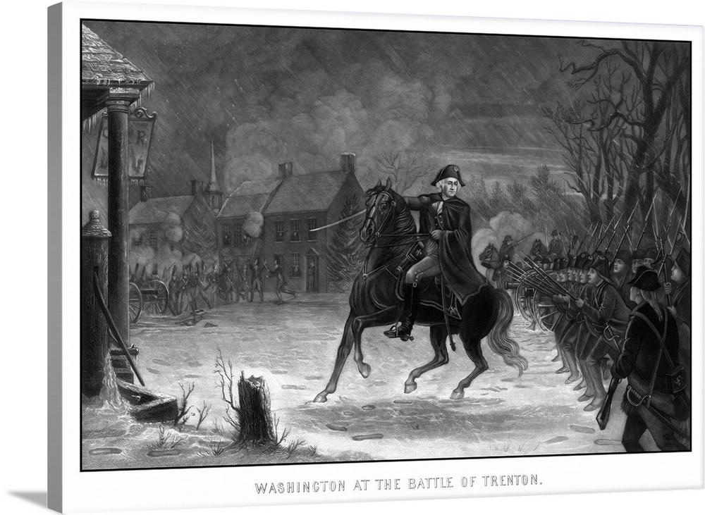 Vintage American History print of General George Washington on his horse leading armed troops at The Battle of Trenton.