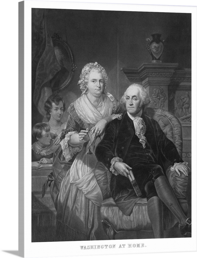 Vintage American History print of President George Washington, Martha Washington, and their grandchildren. It reads, Washi...