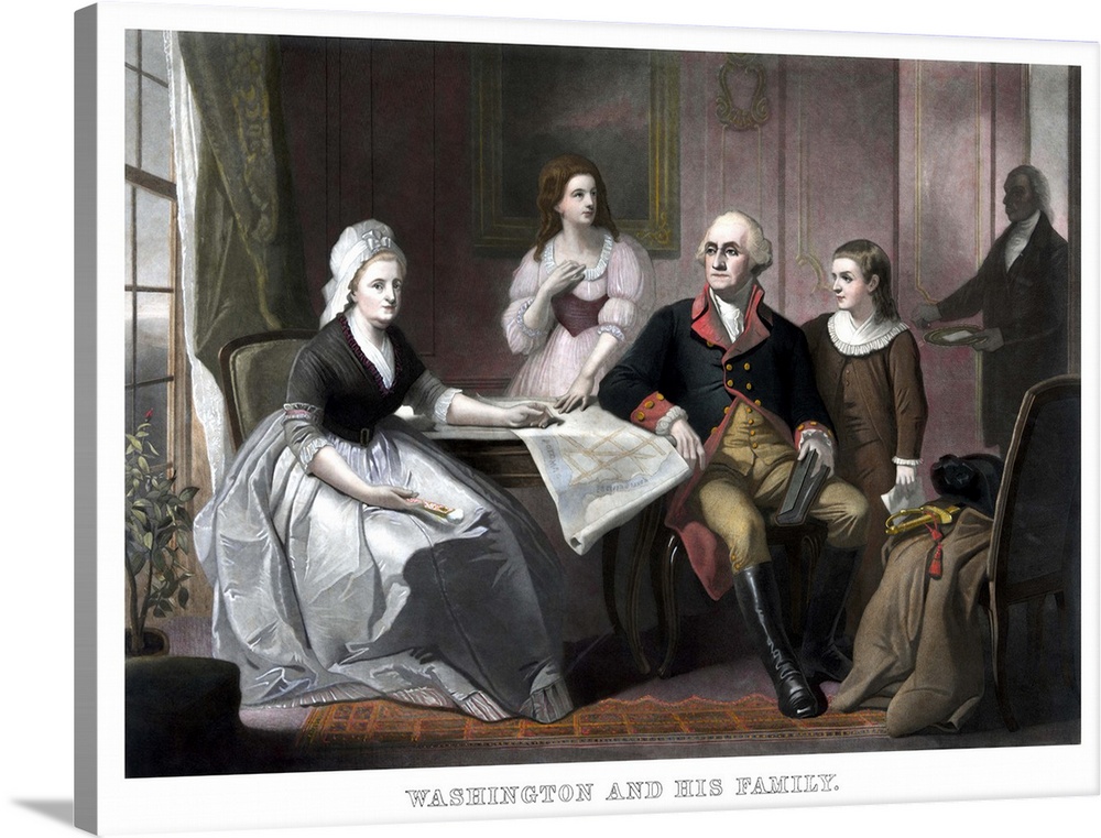 Vintage American history print of George and Martha Washington, George Washington Parke Custis, and Nelly Custis. The Wash...