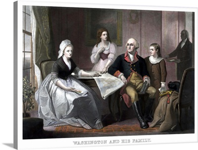 Vintage American history print of the Washington family seated at a table