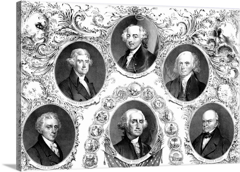 Vintage American history print showing the first six Presidents of The United States of America. It features George Washin...