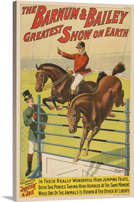 Vintage Barnum & Bailey Circus Poster Of Two Ponies Jumping Over An Obstacle, 1898