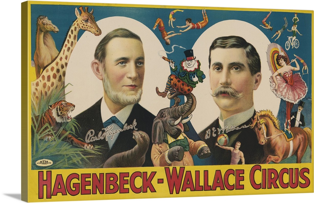 Vintage circus poster showing portraits of Carl Hagenbeck and BE Wallace surrounded with animals and performers