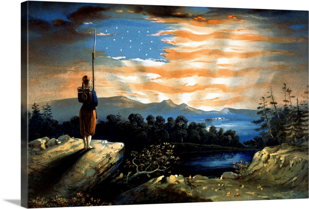 Vintage Civil War painting of a lone Zouave sentry watching from a cliff, as the sky forms the red, white, and blue of The...