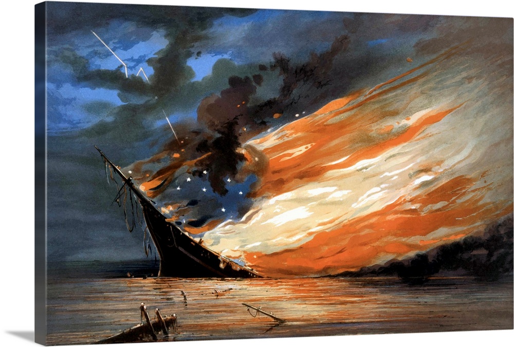 Vintage Civil War painting of a warship burning in a calm sea. The flames of the fire form the red, white, and blue flag o...