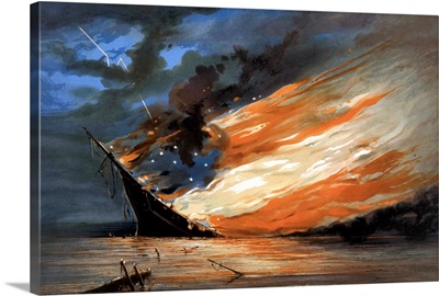 Vintage Civil War painting of a warship burning in a calm sea