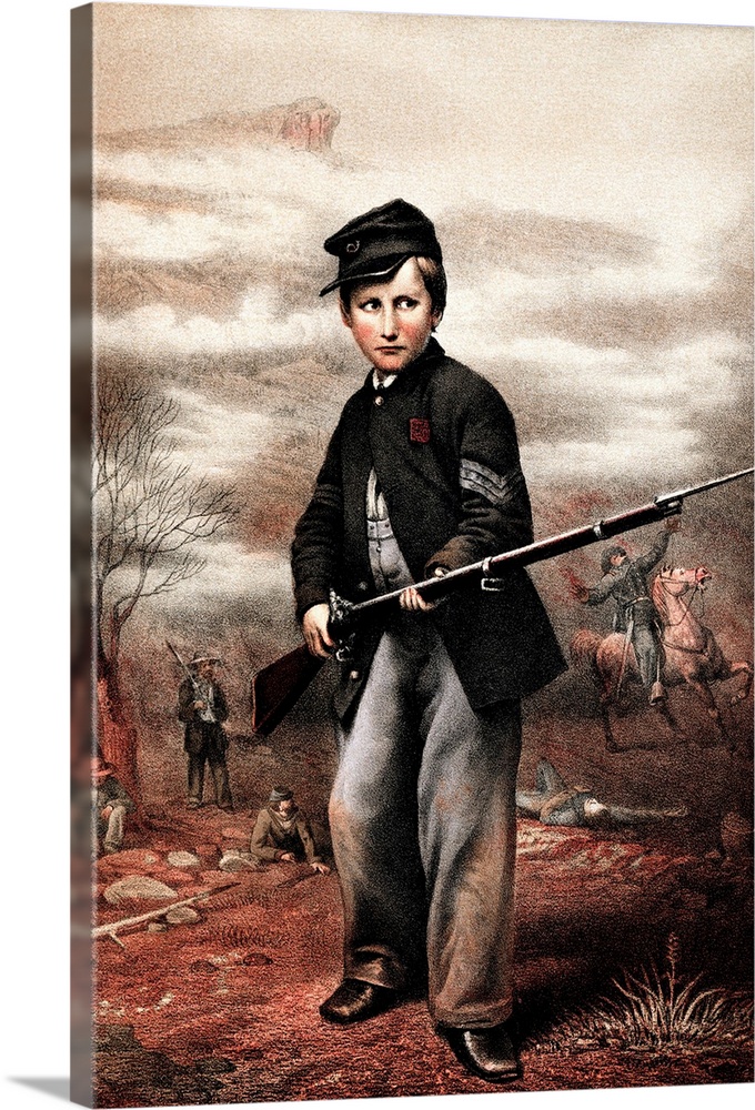 Vintage Civil War print of a Union Drummer Boy, John Clem, holding a rifle on the battlefield. John Clem gained fame for h...