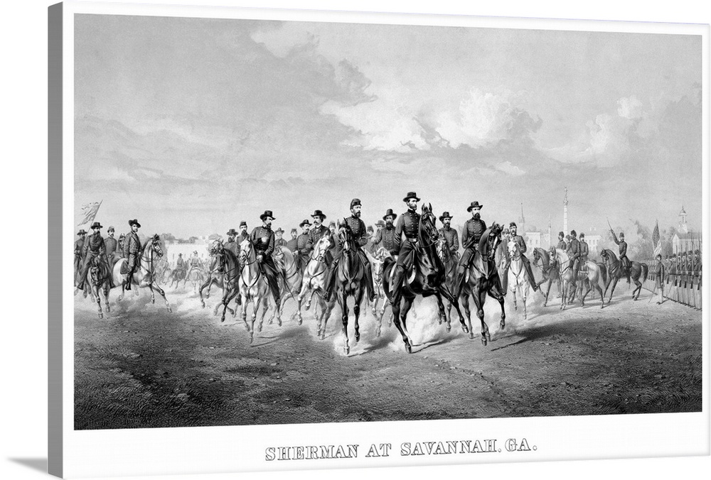Vintage Civil War print of General William Tecumseh Sherman and his Generals, on horseback, at Savannah Georgia.