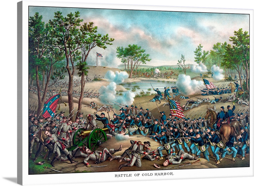 Vintage Civil War print of the Battle of Cold Harbor. Cold Harbor took place June 1864, between the armies General Grant a...