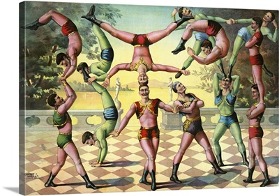 Vintage Graphic Print Of Thirteen Men Doing Acrobatics 1891