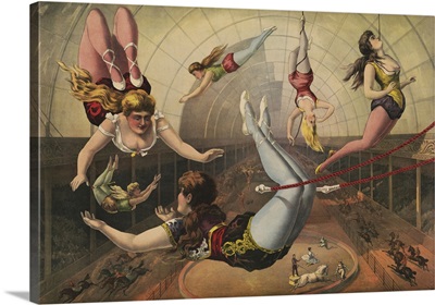 Vintage Illustration Of Female Acrobats On Trapezes At Circus