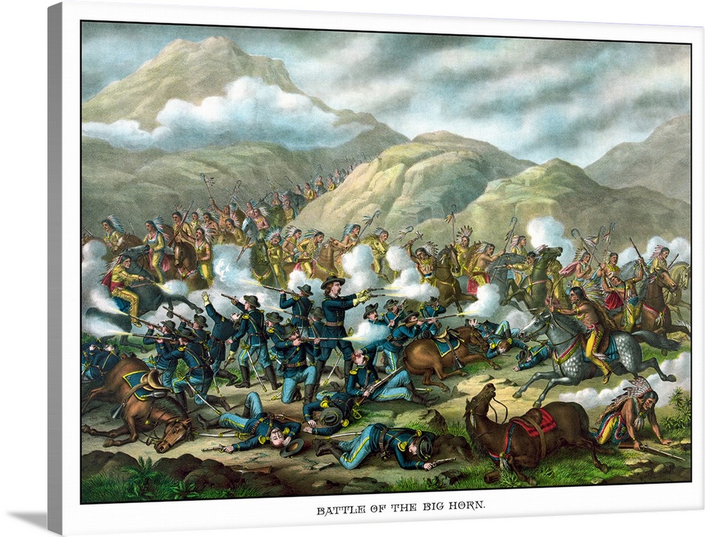 Vintage military print featuring The Battle of Little Bighorn, also known as Custer's Last Stand. The poster is titled, Ba...