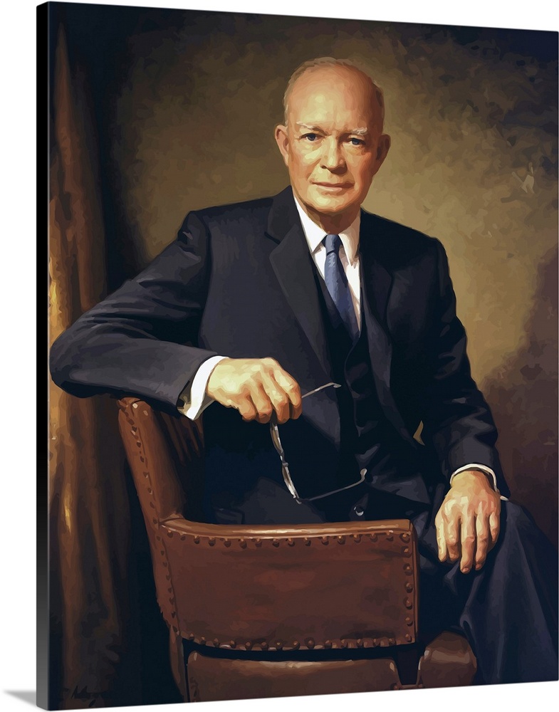 Vintage painting of President Dwight D. Eisenhower seated in a chair.