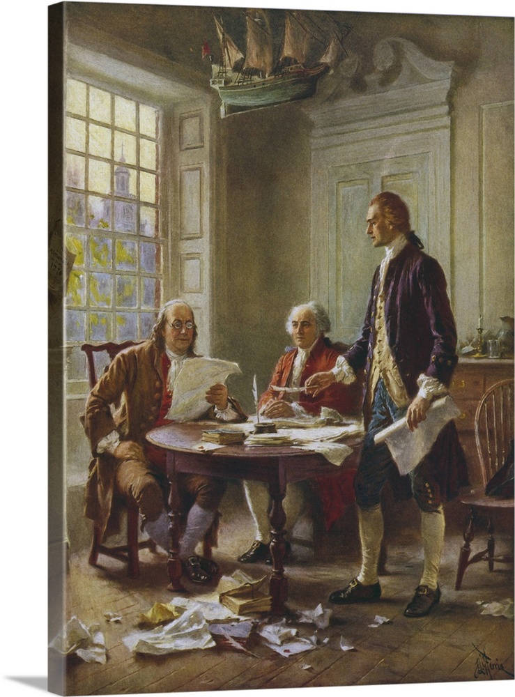 Vintage painting of Benjamin Franklin, John Adams, and Thomas Jefferson writing the Declaration of Independence.