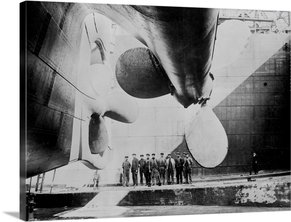 Vintage photo featuring the RMS Titanic's propellers as the ship sits in dry dock.