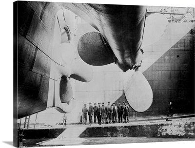 Vintage photo featuring the RMS Titanic's propellers as the ship sits in dry dock