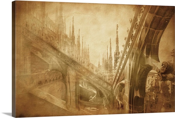 Vintage Photo Of Architectural Elements On A Church Roof In Milan