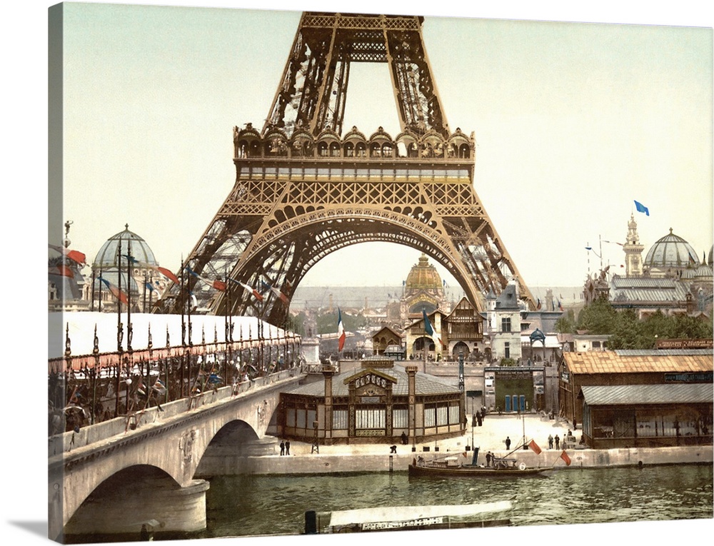 Vintage photochrom image of the Eiffel Tower during the Exposition Universelle, 1900.