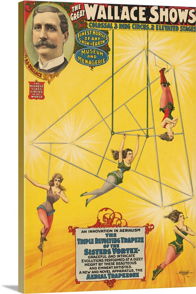 Vintage poster for The Great Wallace Shows circus of the sisters Vortex's triple revolving trapeze act, 1898