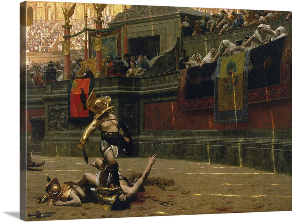 Vintage print of a Roman Gladiator with his defeated opponent.