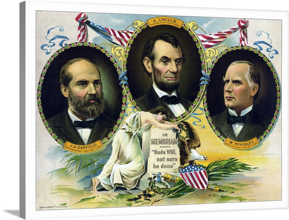 Vintage print of Presidents James Garfield, Abraham Lincoln, and William McKinley.