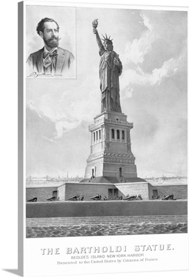Vintage print showing The Statue of Liberty and a portrait of its sculptor