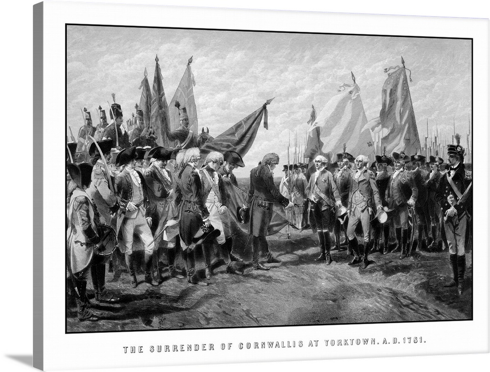 Vintage Revolutionary War print showing the surrender of British troops to General George Washington and the Continental A...
