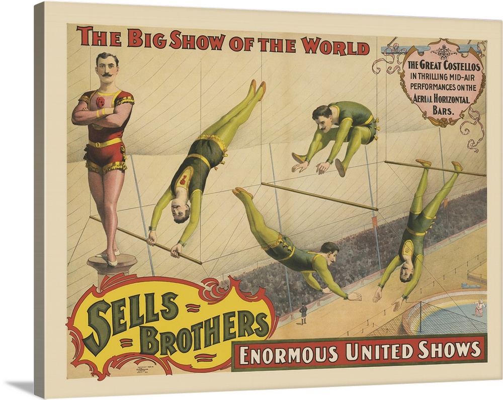 Vintage Sells Brothers Circus Poster Of Men Performing On High-Wire Bars, 1895