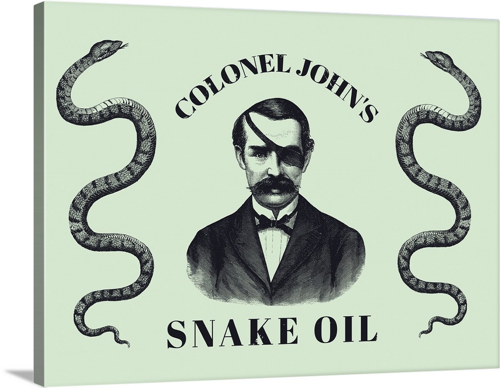 Vintage style medical print of a man wearing an eyepatch and two snakes.