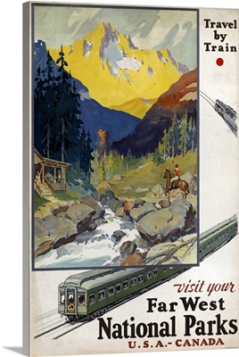 Vintage Travel Poster Advertising Travel By Train To Far West National Parks, 1920