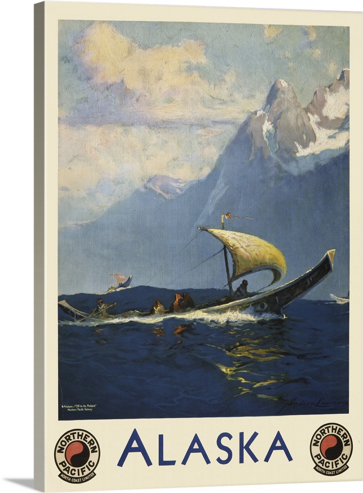 Vintage travel poster for Alaska Northern Pacific, North Coast Limited, of umiaks carrying native Alaskans