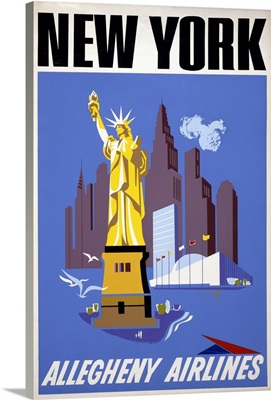 Vintage Travel Poster For Allegheny Airlines Of The New York City Skyline, 1950