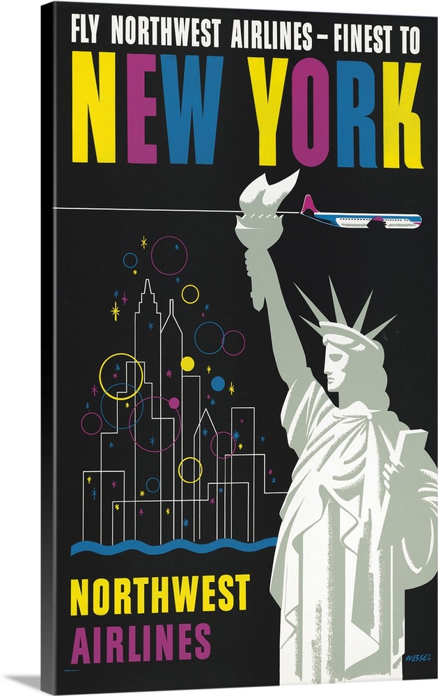 Vintage Travel Poster For Flying Northwest Airlines To New York, Of Statue Of Liberty