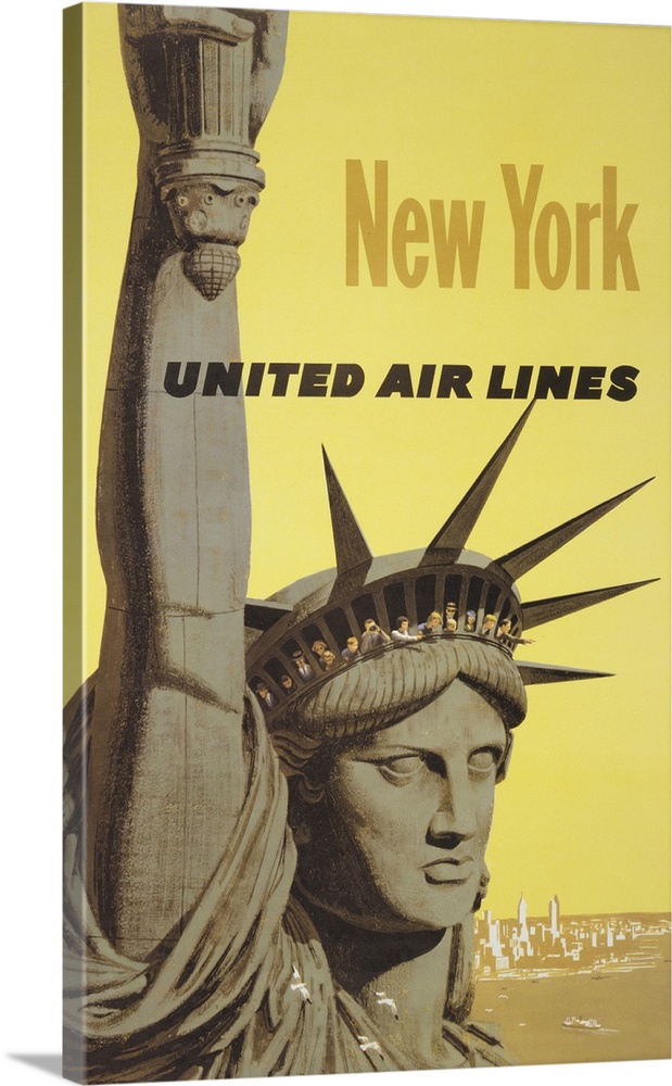 Vintage travel poster for New York, United Air Lines, of people peering out the crown of the Statue of Liberty, 1960