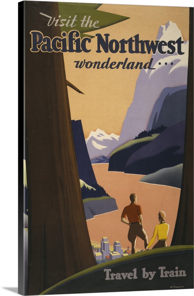 Vintage travel poster of a man and woman looking out over mountains from among redwood trees, 1925