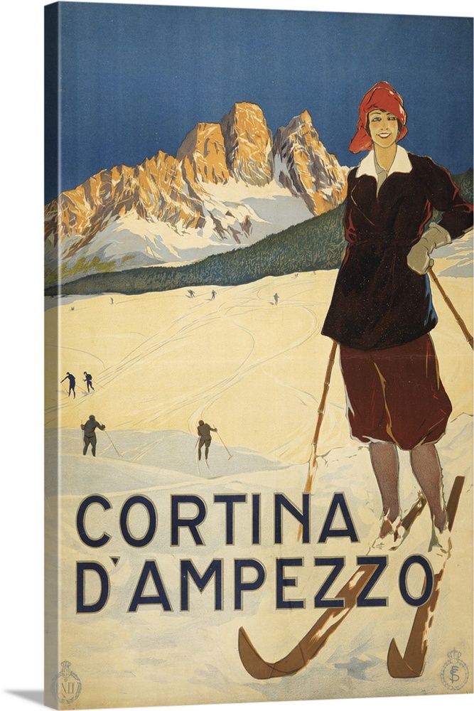 Vintage Travel Poster Of A Woman Posed On Ski Slopes At Cortina d'Ampezzo, 1920
